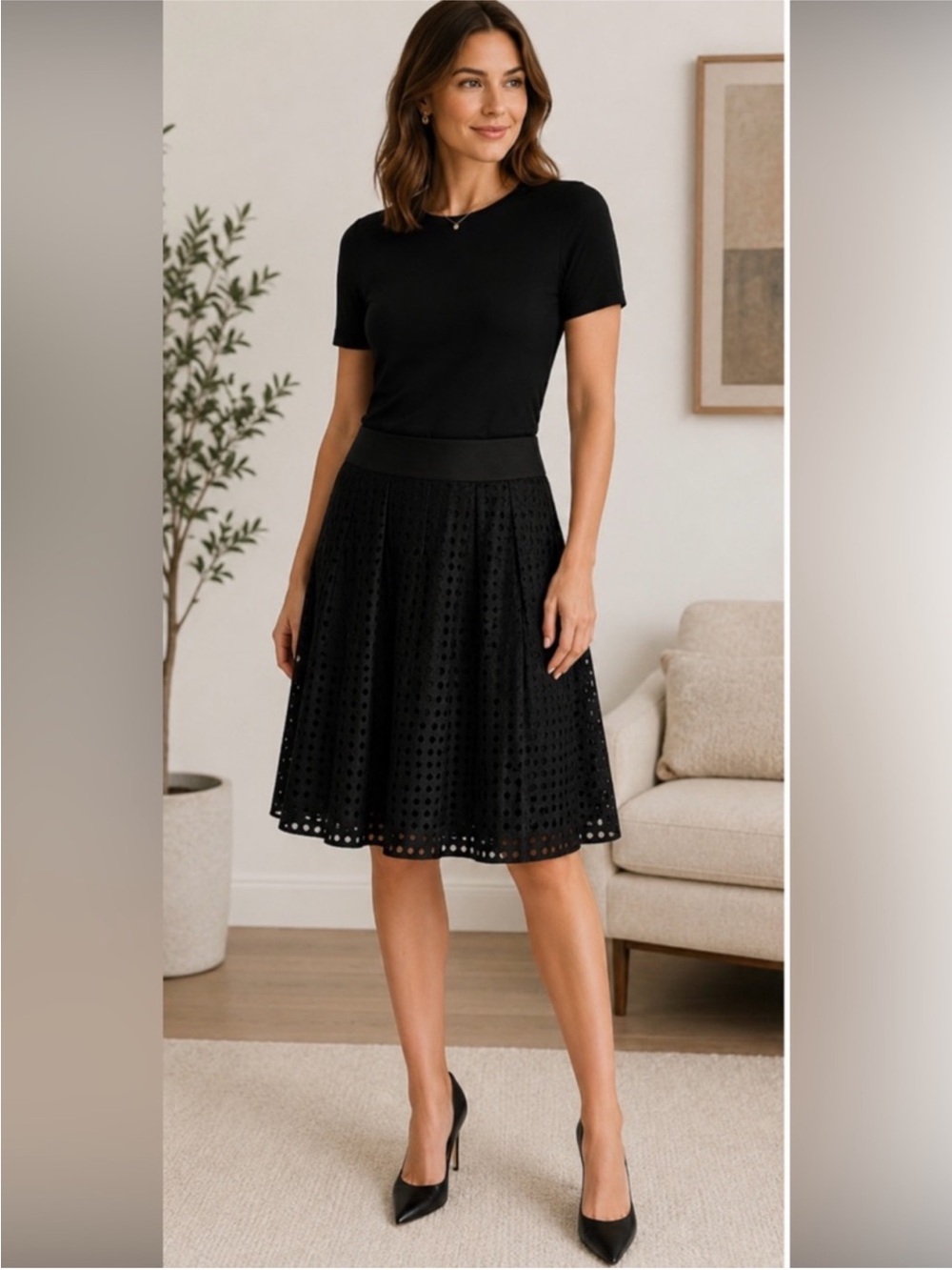 Akris Punto Black Polka Dot Mesh Eyelet A-Line Midi Skirt Size 10